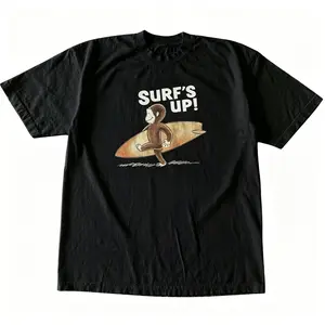 Mineral Acid Washed Black Oversized T-Shirt, Cute Curious George Surfer Monkey Surf’s Up Cartoon Graphic Vintage Beach Crew Neck Tee For Men Women Surf Lovers