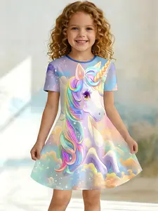 Girls Dreamy Cloud Unicorn Party Dress, Baby Stylish Gradient Pleated Dress, Birthday Photo Performance Dress