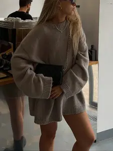 Women's Fashion One-Piece Sweater, Round Neck Long Sleeve Knit Top, Casual Loose Fit, High Stretch Elegant Minimalist Design, Fall Winter Clothing, Knitwear, Knitted Sweater, Knit Pullover