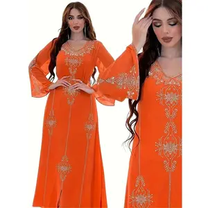 ElegantRhinestoneEmbellishedChiffonDress-SummerLongRobeforWomen,Polyester,MachineWashable,MiddleEasternStyle