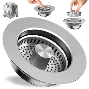 Upgraded 3-in-1 Kitchen Sink Drain Strainer, Stainless Steel Pop-Up Stopper, Anti-Clogging Basket, Fast Drainage Plug, Fits US Standard 3.5-Inch Drain