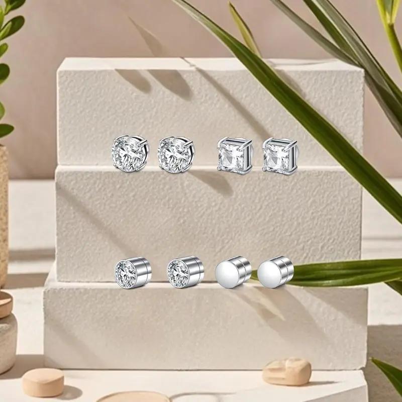 4 Pairs Stud Earrings Fake Cubic Zirconia Diamond Earrings for Women Men Silver summervibes