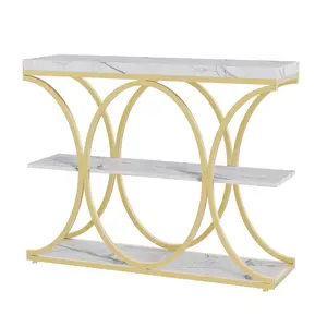 Garvee 39 in Modern Console Table for Entryway, 3 Tier Wooden Sofa Table Behind Couch with Storage Shelves & Geometric Legs, Foyer Furniture for Living Room Hallway Entry, White