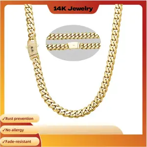 14K Gold-Plated Cuban Necklace/Bracelet with "S" Logo Design Latest Electroplating Process Rust Prevention Hip-Hop Style Fashion 8mm/10mm/12mm/14mm Best Gift for Couples