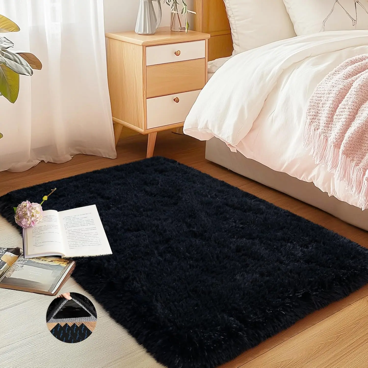 Black Area Rug for Bedroom, 2x3 Small Rugs for Living Room Nursery Kids Room Dorm Home Decor Aesthetic, Fluffy Shaggy Rug with 4 Anti-Slip Carpet Tapes Shag Faux Fur, Faux Fur Material