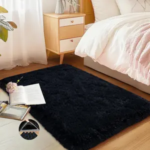 [New Deal] Black Area Rug for Bedroom, 2x3 Small Rugs for Living Room Nursery Kids Room Dorm Home Decor Aesthetic, Fluffy Shaggy Rug with 4 Anti-Slip Carpet Tapes Shag Faux Fur