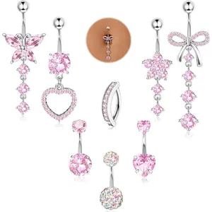 Trendy Summer 316L Surgical Steel Gold Dangle Belly Button Ring for Women Silver Dangly Belly Rings 14G Hypoallergenic Navel Belly Button Piercing Jewelry Bow Heart 10mm/12mm Barbell Length