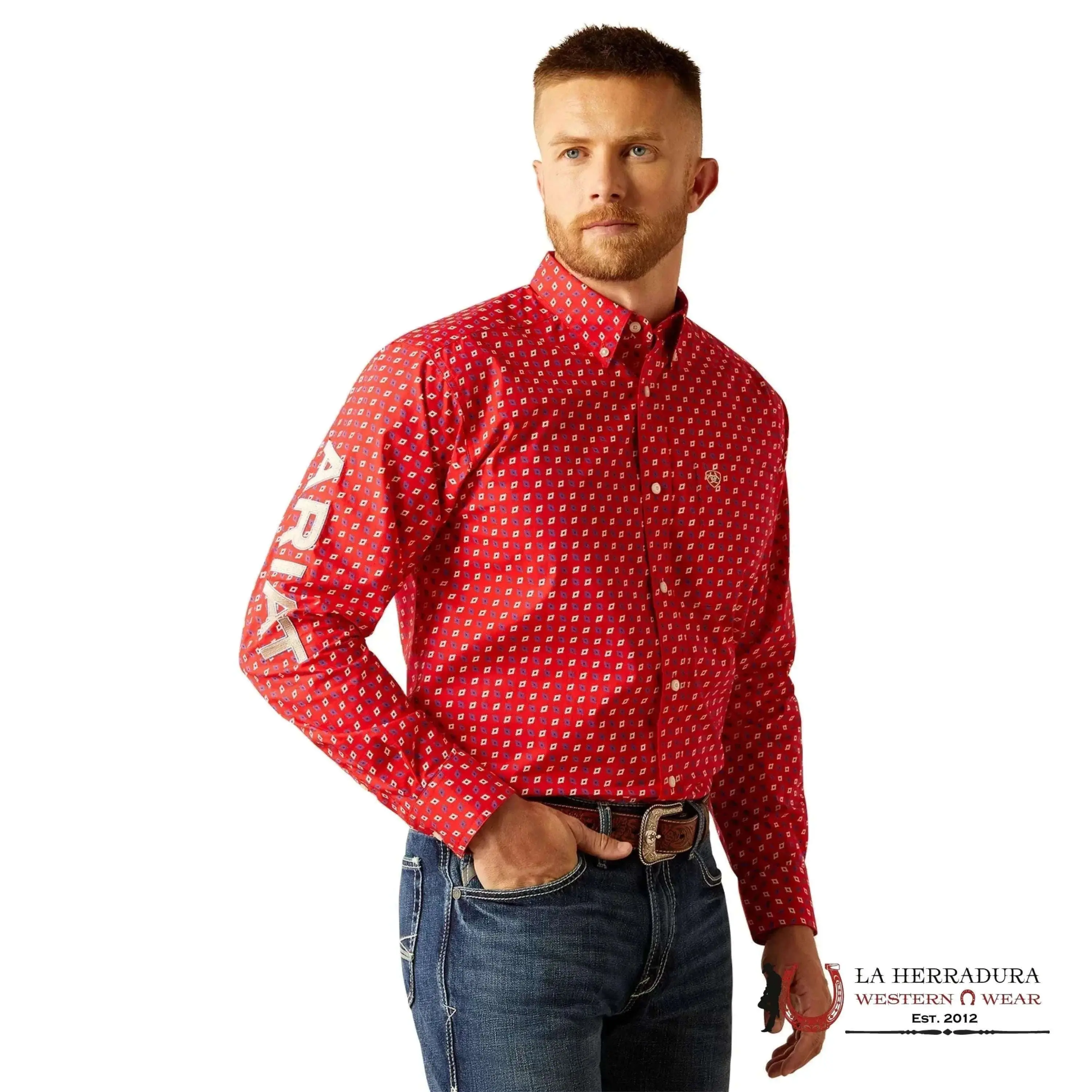 ARIAT MENS TEAM FALLON RED/BEIGE LONGSLEEVE SHIRT - 10058961