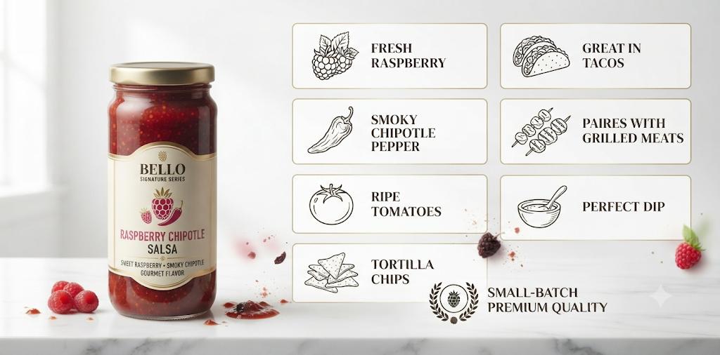 Bello Signature Raspberry Chipotle Salsa – Sweet & Smoky Raspberry Salsa with Chipotle Spice – Premium Gourmet Salsa Dip for Tortilla Chips, Tacos, Nachos, Grilled Meats, Seafood & Everyday Meals – Bold Restaurant Style Flavor Bello Signature Raspberry Chipotle Salsa – Sweet & Smoky Raspberry Salsa with Chipotle Spice – Premium Gourmet Salsa Dip for Tortilla Chips, Tacos, Nachos, Grilled Meats, Seafood & Everyday Meals – Bold Restaurant Style Flavor