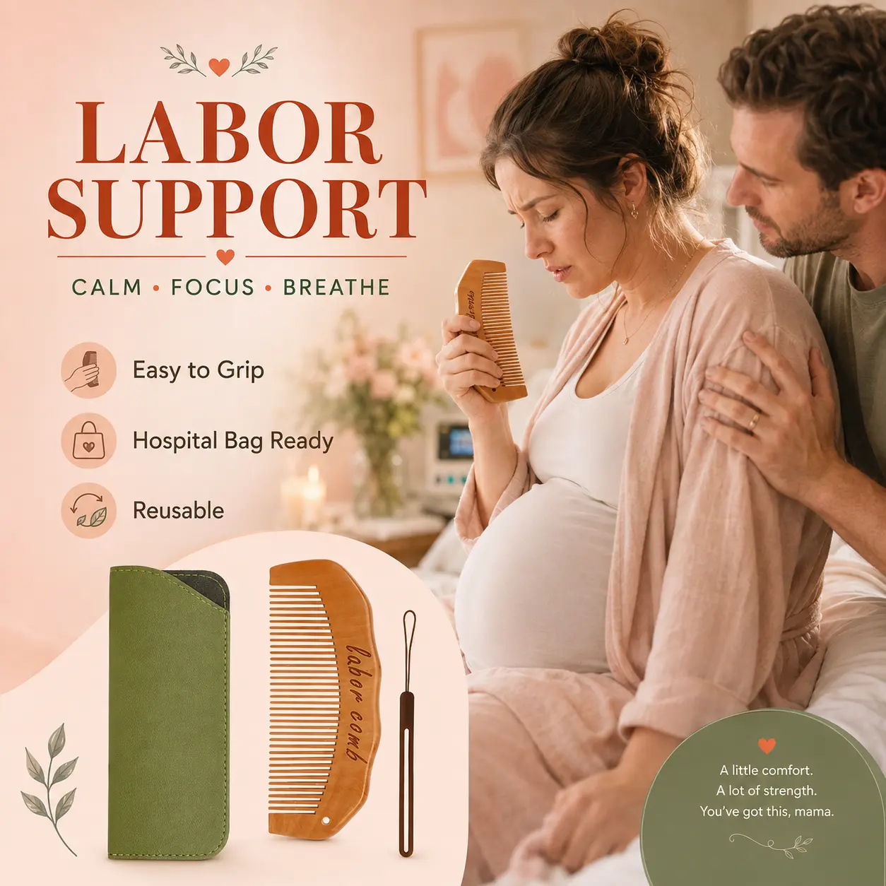 Wooden Labor Comb for Pregnancy & Childbirth, Birth Comb for Labor and Delivery, Hospital Bag Essential for Expecting Moms, Compact Maternity Support Tool, Baby Shower Gift