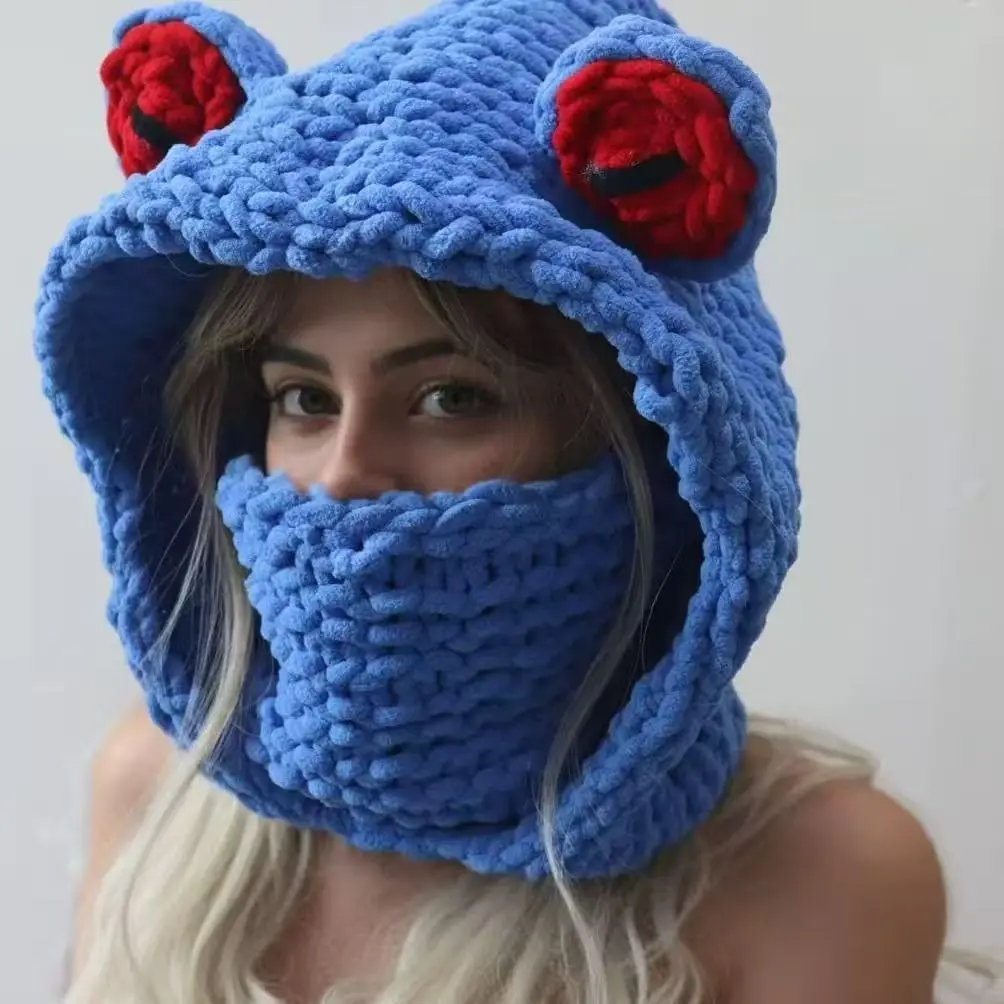Crochet Frog Balaclava Hat with Face Cover, Cute 3D Frog Eyes Knit Hooded Hat, Funny Animal Winter Hood and Neck Warmer for Women Men, Halloween Costume Accessory