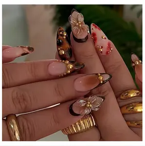 Medium Almond 3D Brown Gold Flower Press on Nails-‎ Tortoiseshell Leopard French Tip Blossom Gradient Design,24Pcs Handmade Fall/Autumn/New Year Glue on Acrylic Fake Nail Press ons for Women