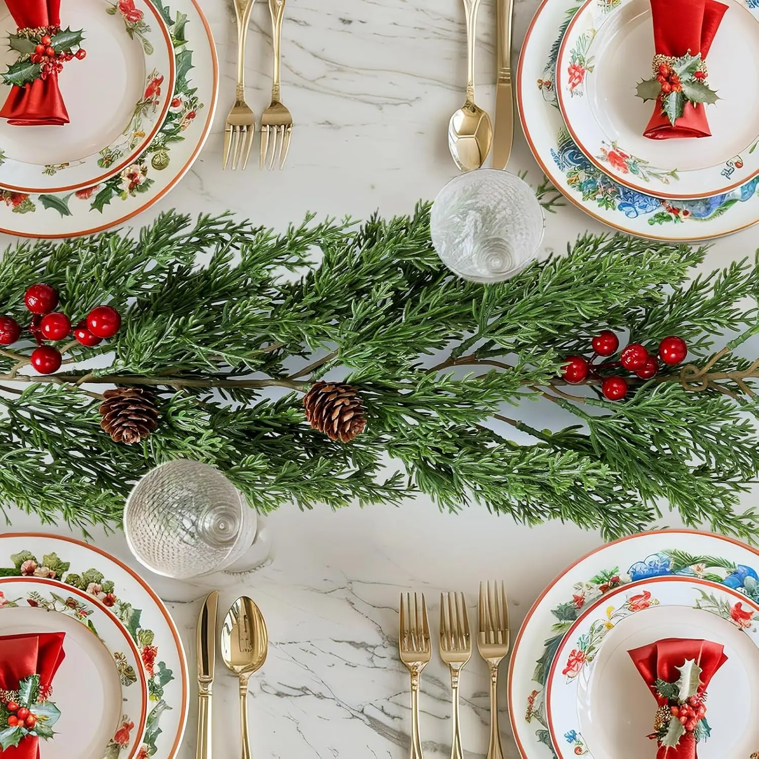 Faux Cedar Christmas Garland with Red Berries & Pine Cones - Full Faux Winter Greenery for Holiday Mantel, Staircase, Doorway, Indoor Outdoor Christmas Decor (6FT-Deluxe Cedar)