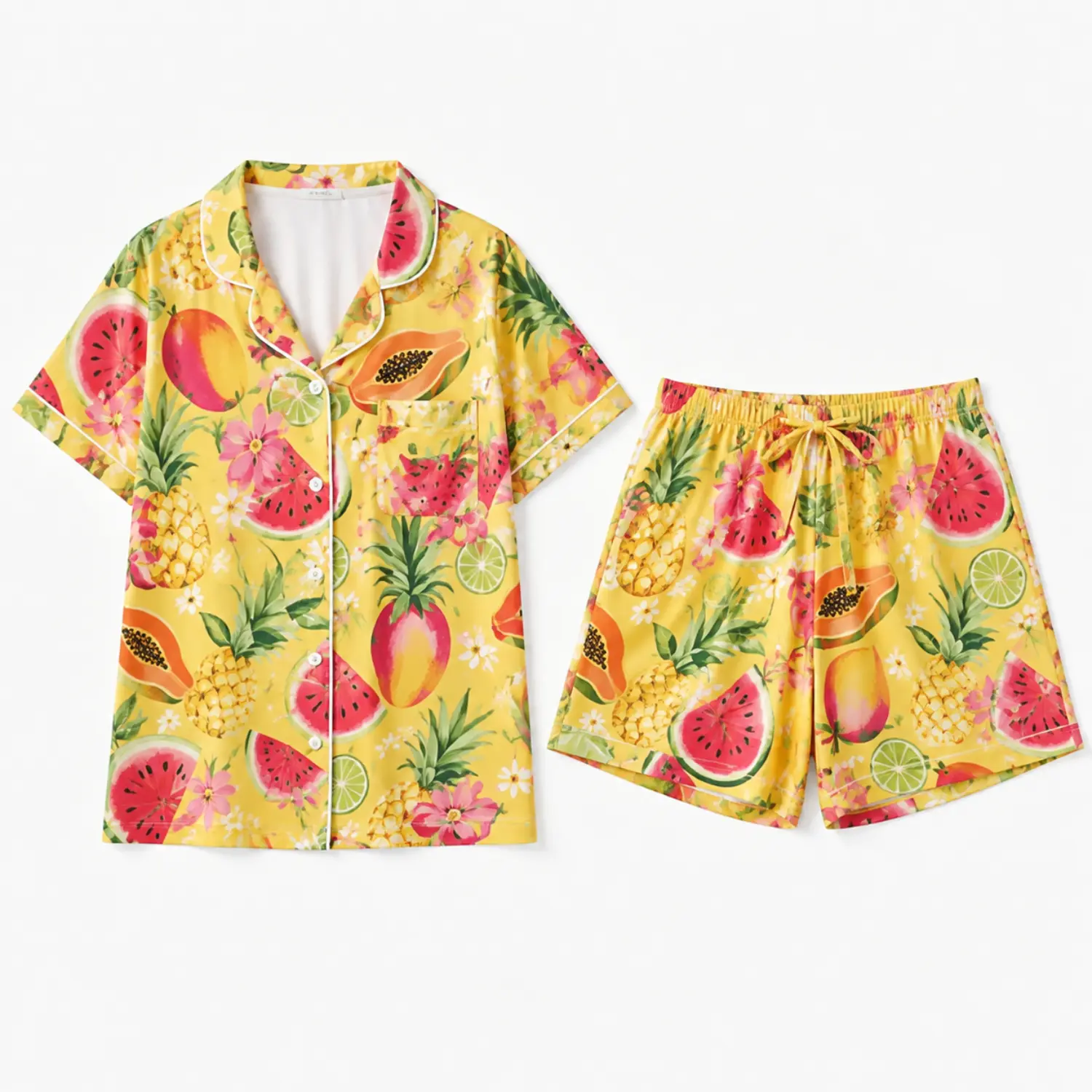 Tropical Fruit Print Pajama Set, Yellow Short Sleeve Button Front Shirt and Matching Shorts Sleepwear with Contrast Piping Two-Piece Lounge Outfit