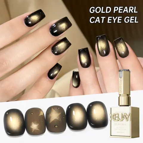 XEIJAYI 15ML Alcohol-Free Golden Pearl Magnetic Shimmer Gel Nail Polish - TPO&HEMA-Free, Long-Lasting, Glossy Finish, Elegant Flower-Pattern Bottle for Women's DIY Manicure, Nail Care Cosmetic Supplies