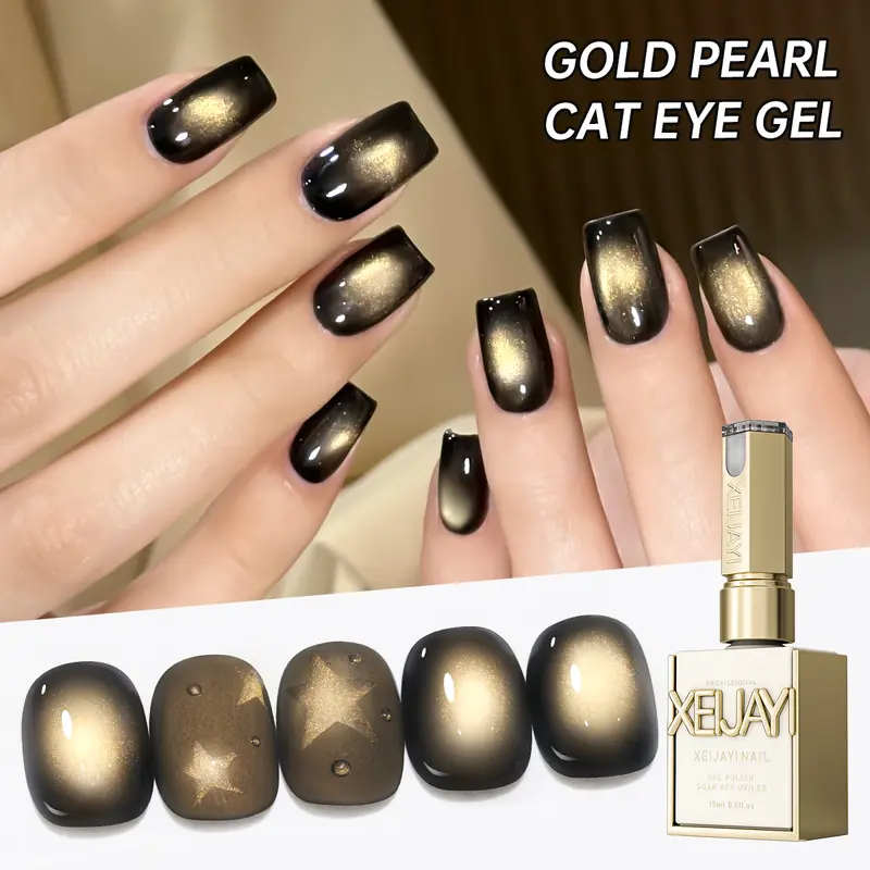 XEIJAYI 15ML Alcohol-Free Golden Pearl Magnetic Shimmer Gel Nail Polish - TPO&HEMA-Free, Long-Lasting, Glossy Finish, Elegant Flower-Pattern Bottle for Women's DIY Manicure, Nail Care Cosmetic Supplies