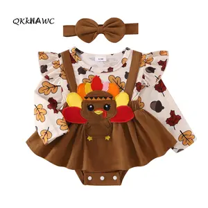 Baby Girl Holiday Outfit, Ruffle Trim Patch Long Sleeve Romper Dress Bow Headband 2 Piece Set for Fall