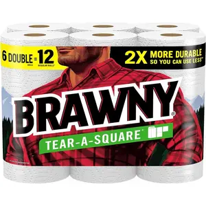 Brawny Tear-A-Square Paper Towels, 6 Double Rolls = 12 Regular Rolls, 3 Sheet Sizes (Quarter, Half, Full), Strength for All Messes, Cleanups, and Meal Prep toilet paper