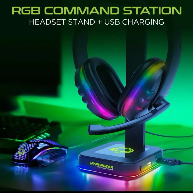 RGB Gaming Headset Stand with USB Charging Ports, LED Lighting, Easy Setup & Cable Management - Black Tech Audio Accessory for PC, PS5 Gaming Desks, Accessories