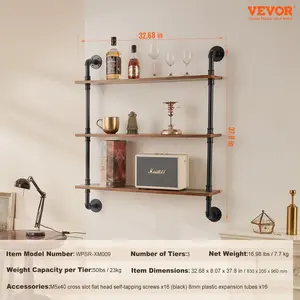 VEVOR Industrial Pipe Shelf, 3 Tier 32x7.87in, Wall-Mount Floating Rustic Wood Shelves Bracket Display Bookshelf, Storage Rack Sundries Holder for Kitchen Bedroom Bathroom Living Room, Black