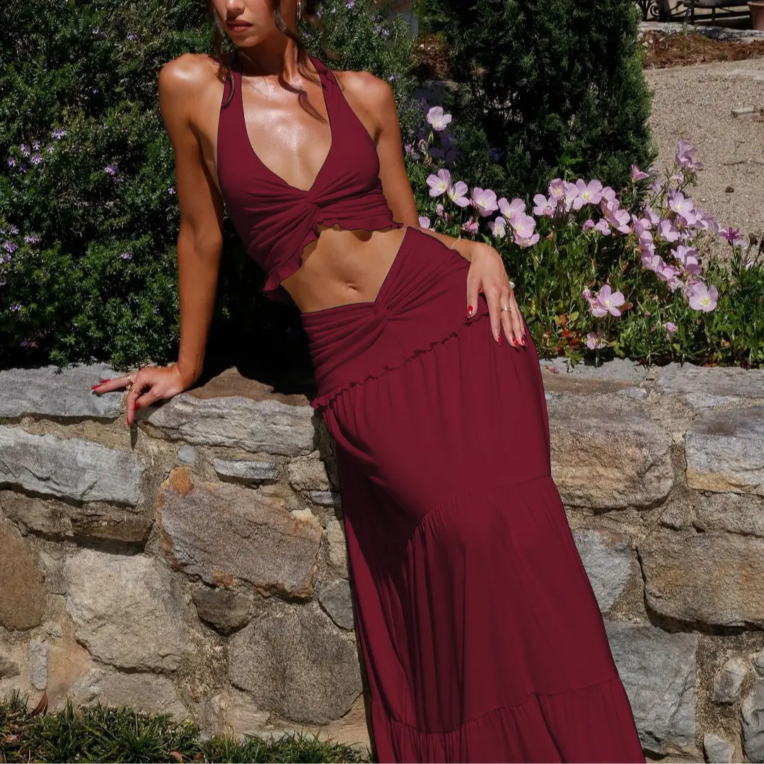 2026 New Arrival Backless Crop Top & Ruched Skirt Two Pieces Set Women's Sleeveless Halter Neck 2026 New Arrival Backless Crop Top & Ruched Skirt Two Pieces Set Women's Sleeveless Halter Neck