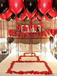 Red Happy Birthday Letter Balloon Set – Red & Black Latex Balloons, 18" Red & Black Heart-Shaped Foil Balloons, Romantic Birthday & Anniversary Party Decorations