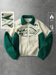 Colorblock Faux Sherpa Jacket, Warm Plush Fabric, Sport Pattern Embroidery, Loose Lapel Zipper, Winter Casual Wear, Casual Fashion Jacket