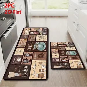 2/3 Piece Flannel Kitchen Mat Set, Vintage Coffee Theme, Coffee Lifestyle, Anti-Slip, Absorbent, Ideal for Kitchen, Dining Room, Hallway