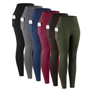 6Pcs High Waist Cropped Leggings With Pockets For Women, 78% Polyester 22% Elastane Knit Fabric, Solid Color All-Season Casual Style, Casual Leggings |       Sleek Design |       Smooth Texture, High Waisted Leggings