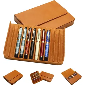 12 Slots Handmade Leather Fountain Pen Pencil Tray Case Organizer Fashion Design Magnetic Closure with Drawer Brown Christmas Gift for Men Women Office