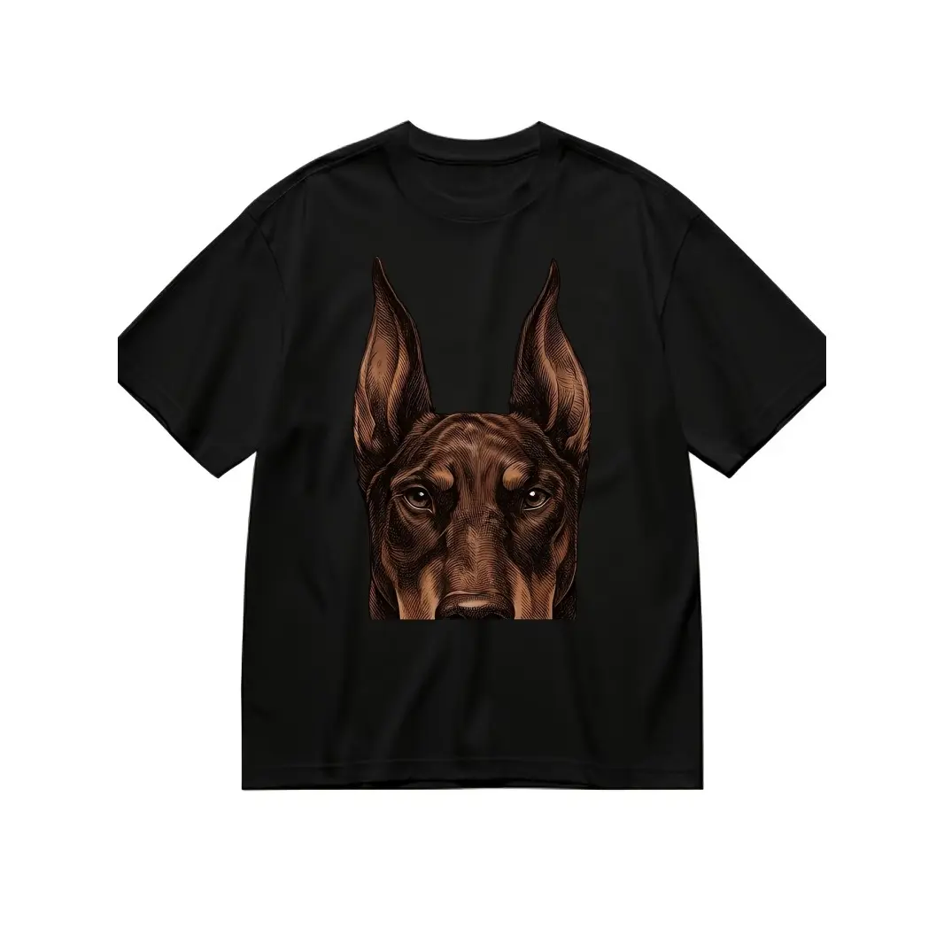 Men's Black Cotton Digital Graphic Doberman Dog T-Shirt - Short-Sleeve Crew Neck Sports Top, Loose-Fitting Drop Shoulder, Conceals Curves, Breathable, Geometric, Letters, Machine Wash, Everyday Casual Summer Streetwear for Dog Lovers, Digital Print, Machi