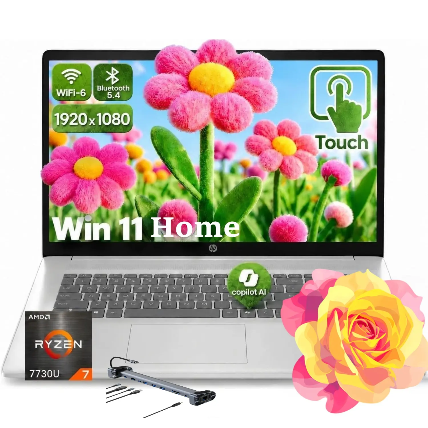 HP d1523 15.6" Full HD Touchscreen Laptop - AMD Ryzen 7 7730U, Up to 32GB RAM, 1TB SSD, Copilot AI Key, WiFi 6, Fast Charge, Multiple Ports, Windows 11 Home, Portable for Business & Study, Bundle Accessories