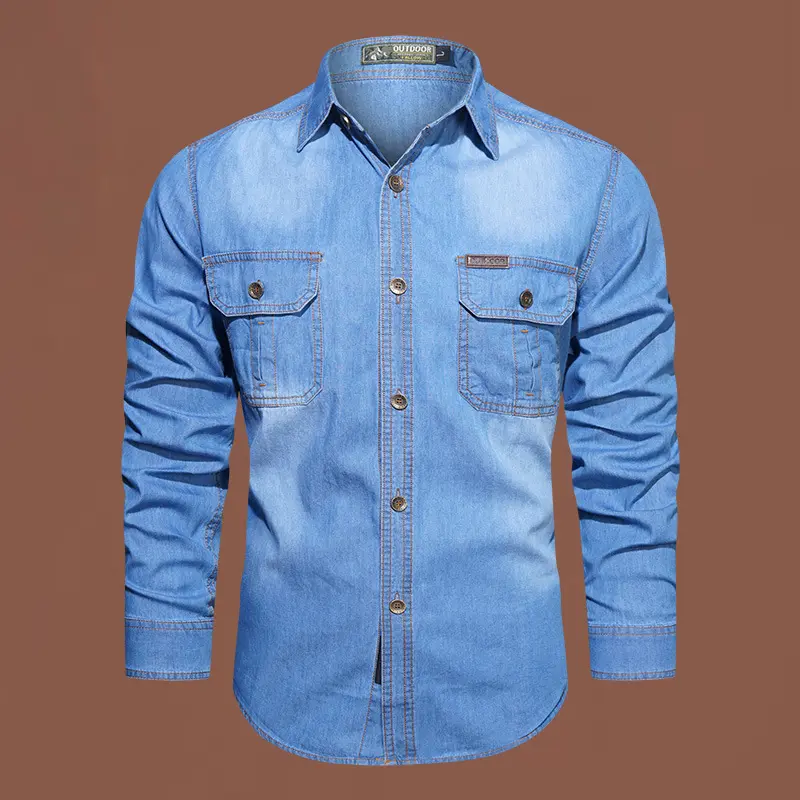 Men’s Collared Washed Pure Cotton Breathable Long-Sleeve Denim Work Shirt, Outdoor Casual Design with Multiple Pockets Menswear Top