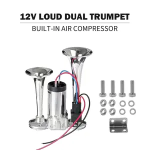 12V Super Loud Dual Trumpet Car Horn with Chrome Finish, Built-in Air Compressor & Universal Fit, Complete Easy Install Wiring Kit for All Vehicles