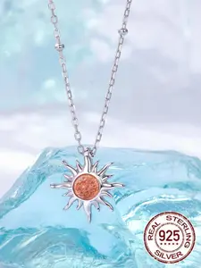 Women's S925 Silver Necklace, Natural Sunstone Pendant Jewelry, Casual Elegant Design, All Season Wear, Lightweight & Durable