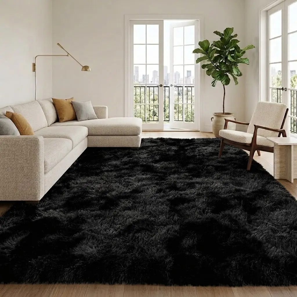 【Fall Decor】BLIOWL Black Furry Shaggy Area Rug - Super Soft Polyester Rug, Upgraded Anti-Slip Bottom, Modern Thick Silky Room Accessories, 4 Carpet Stickers Included, Ideal for Living Room Bedroom, Dry Clean Only, Multi Sizes，Cozy Aesthetic Home Decor