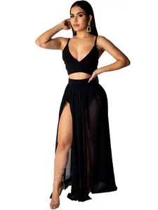 Women's Solid Split Thigh Skirt Set, Casual Spaghetti Strap Sleeveless Short Cropped Top & High Waist Long Skirt Set for Party Club Dating, Ladies Summer Clothes, Co-ord Set Women, Womenswear