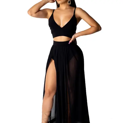 Women's Solid Split-Thigh Skirt Set, Casual Spaghetti Strap Sleeveless Short Cropped Top & High-Waist Long Skirt Set for Party, Club & Dating, Ladies' Summer Co-ord Matching Outfit, Two Piece Set, High Waisted Sets, Womenswear