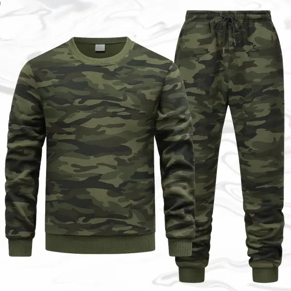 Men's 2-Piece Workwear Set, Vintage Camouflage Knit Crew Neck Top and Ankle Length Pants with Distressed Wash and Pocket Stitching, Fashion, Menswear, Classic, Stylish, Fabric, Casual, Clothes, Fitted Cut, Vintage Camo Look, Knitting, Polyester Knit