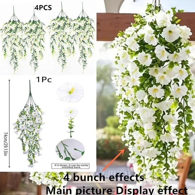 4 pieces Outdoor flower-style hanging flowers, Artificial flower decorations, Floral Decoration, Artificial petunia with eucalyptus leaves UV protection Highly realistic appearance, Suitable for outdoor flower pots, porches, balconies