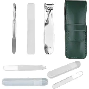 All-in-One Glass Nail File Kit with Case – Compact Vegan Leather Manicure Set with Tweezers, Clippers, Buffer & Cuticle Pusher + 2 Bonus Glass Nail Files in Cases – Travel Gift for Women & Men