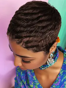 Pixie Cut Short Wig with Bangs Human Hair Brown/Blonde/Red//Black/Brunette Curly Machine-Made Hair for Casual Sporty Style Pixie Wigs