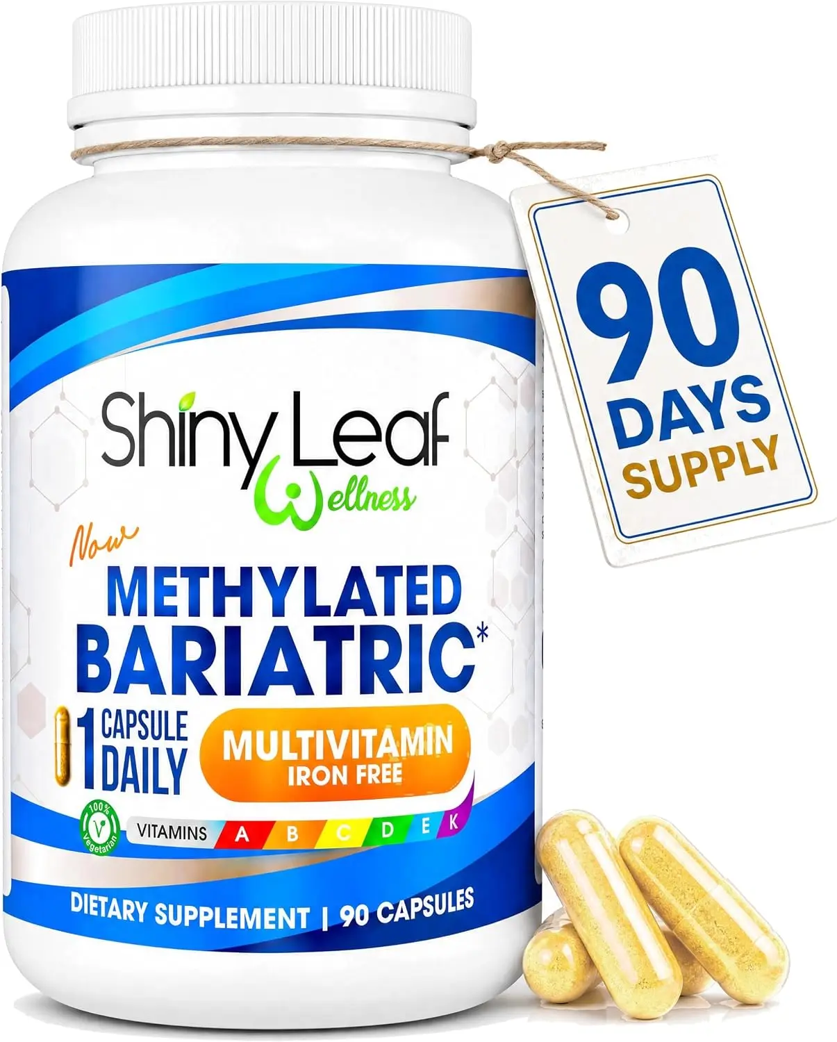 Shiny Leaf Bariatric Multivitamin Without Iron - Iron-Free Daily Formula with Methylated Folate, B12, Vitamins A, C, D, K (90 Vegetarian Capsules)