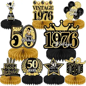9Pcs Black Gold 50th Birthday Party Decorations for Men Women - Vintage Table Decor Supplies Honeycomb Centerpieces for Happy 50 Years Party