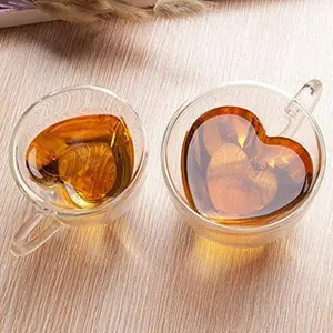 Double Walled Heart Shaped Glass Coffee Cups Heat Resistant, 200ml / 240ml