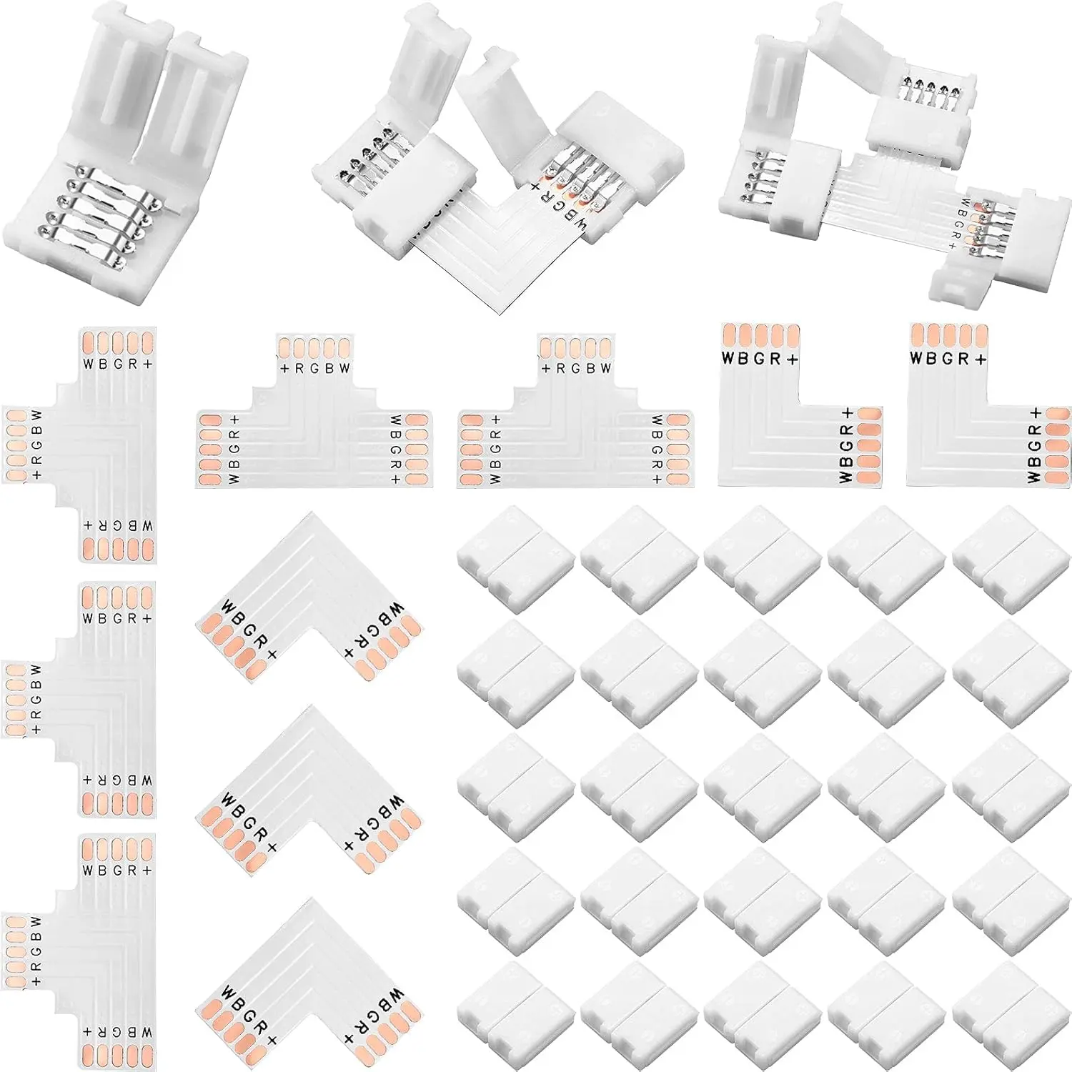 35-Piece 5-Pin 10mm PBT Plastic L-Shape/T-Shape RGBW LED Strip Quick Connect Kit Set Pack, Solder-Free for 5050 RGBW LED Strips, Ideal for Home DIY & Commercial Lighting Projects