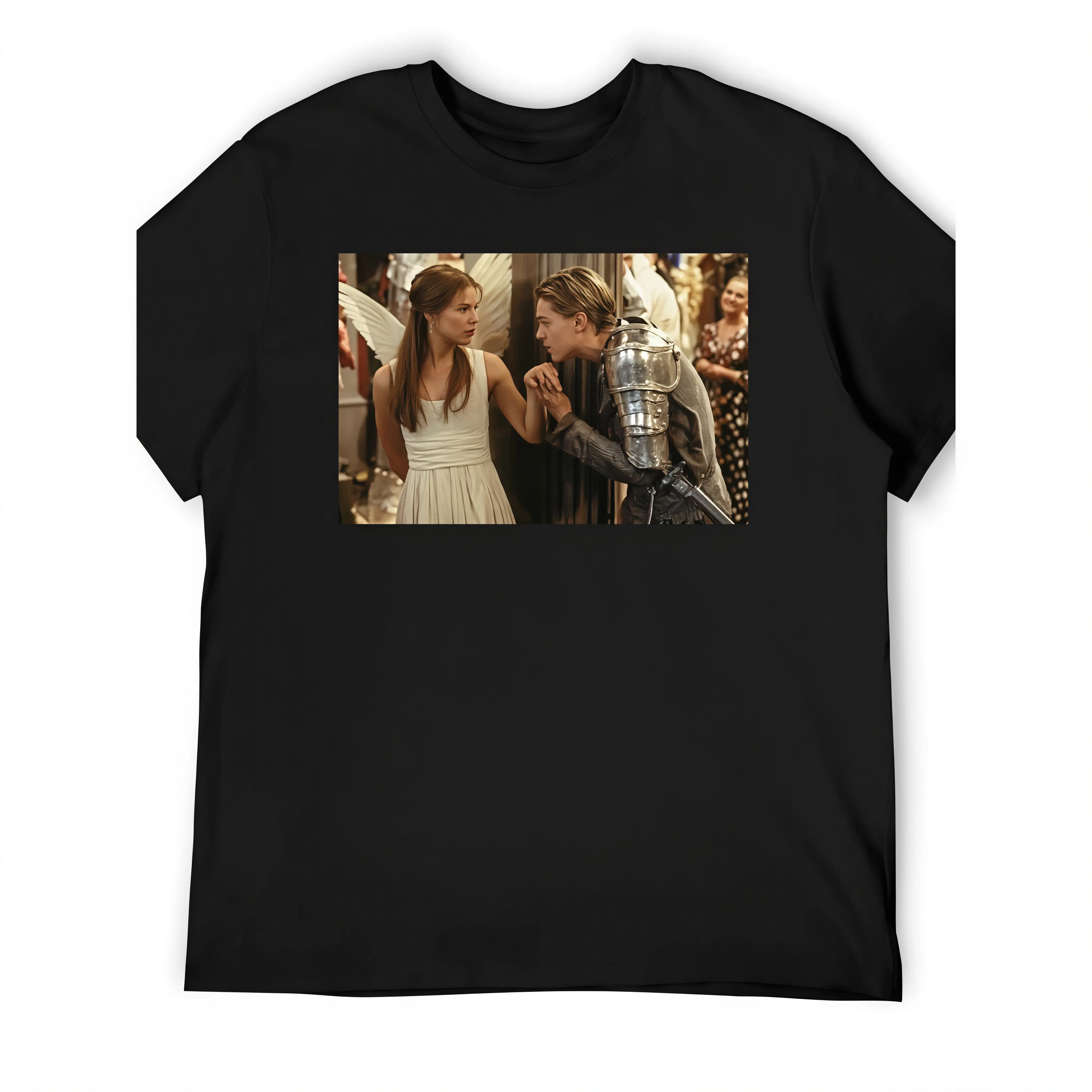 Men's Oversized Knitted Cotton Quick-Dry Anime Print T-Shirt - 1996 Romeo and Juliet Movie Graphic Crewneck, Machine Washable, Positioned/All Over Print, Regular Relaxed Fit Casual Tee for Fashionable Guys