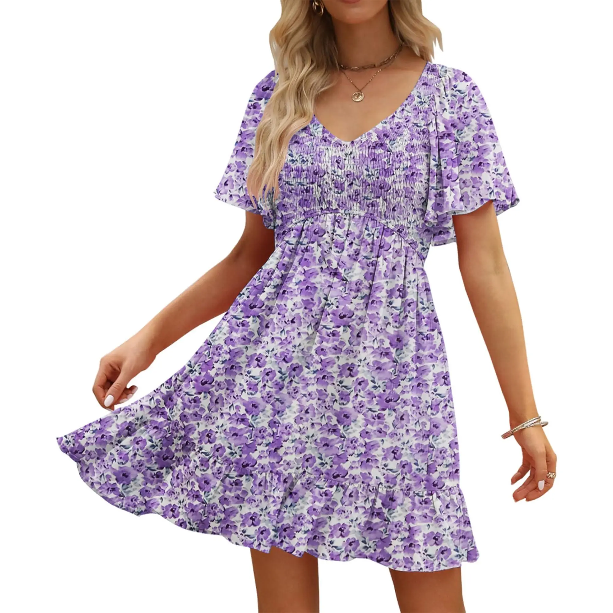 Genleck Women's Summer Floral Print Mini Dress - V Neck Flutter Sleeve Boho Sundress with Pockets for Vacation & Party