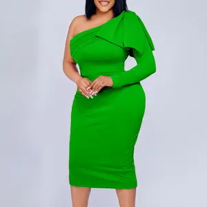 Summer Autumn Clothes Sexy Bodycon Dresses for Women One Shoulder Full Sleeve Solid Sheath Mid Calf Elegant Evening Night Club Vestidos Mujer Dress OL Formal Womenswear Check Workwear