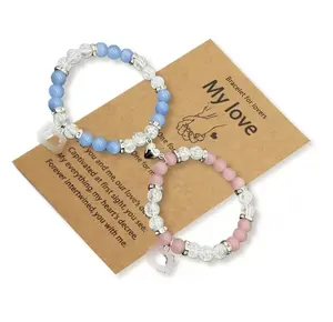 Unisex Heart-Shaped Rose Quartz & Chalcedony Beaded Bracelet with Kitty Pendant for Couples Best Friends Christmas Birthdays Anniversaries Gifts Elastic Cord Cat's Eye Stone